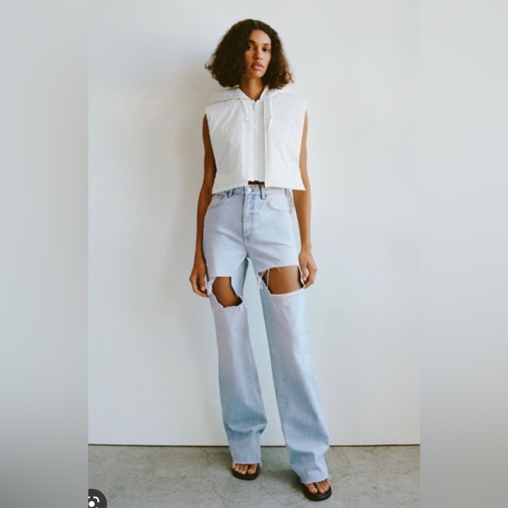 Zara wide leg full length ripped jeans light blue